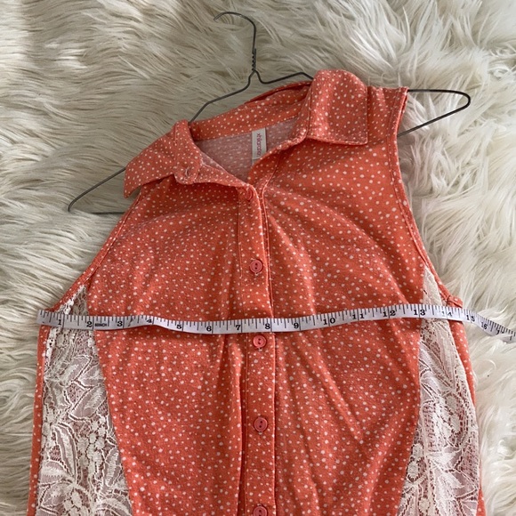 Exhilaration orange peach sheer Floral lacy button front Highlow shirt blouse - Picture 12 of 17